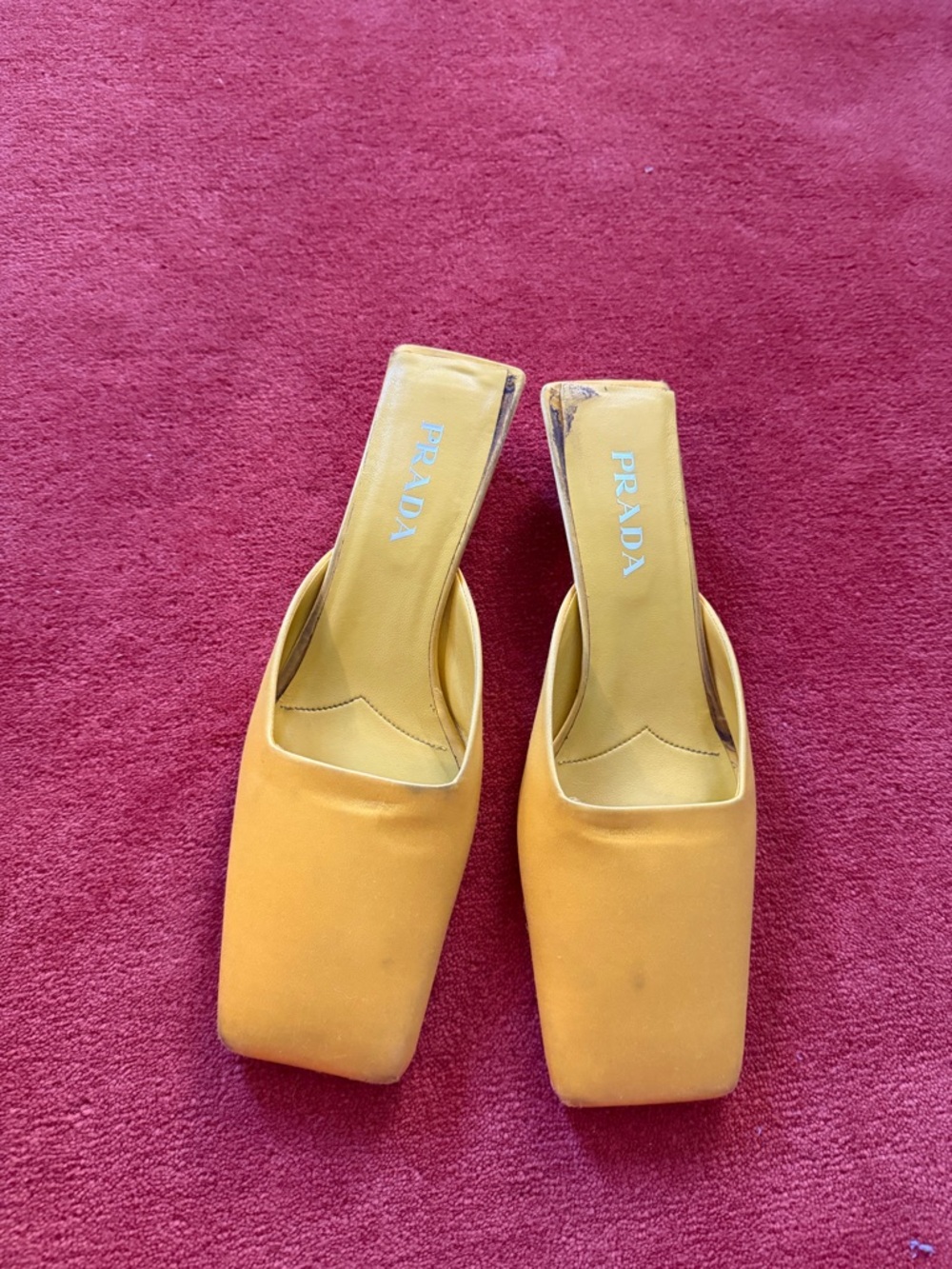 Prada Yellow Square-Toe Satin Mules